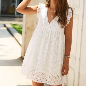 V-Neck Eyelet Embroidery Ruffle Dress